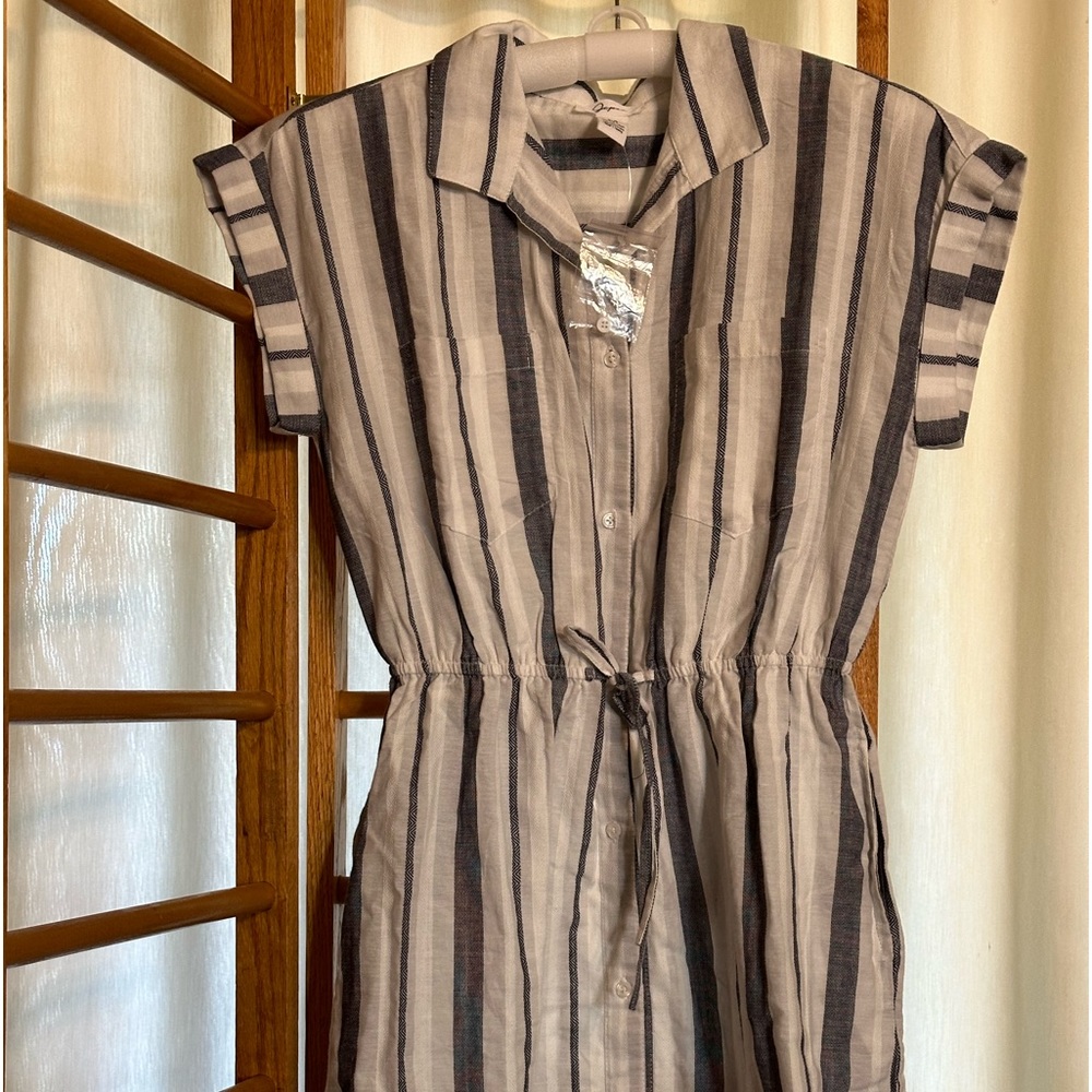 Japna Shirt Dress Sz M Cotton Blue Striped Drawstring Waist Side Pockets